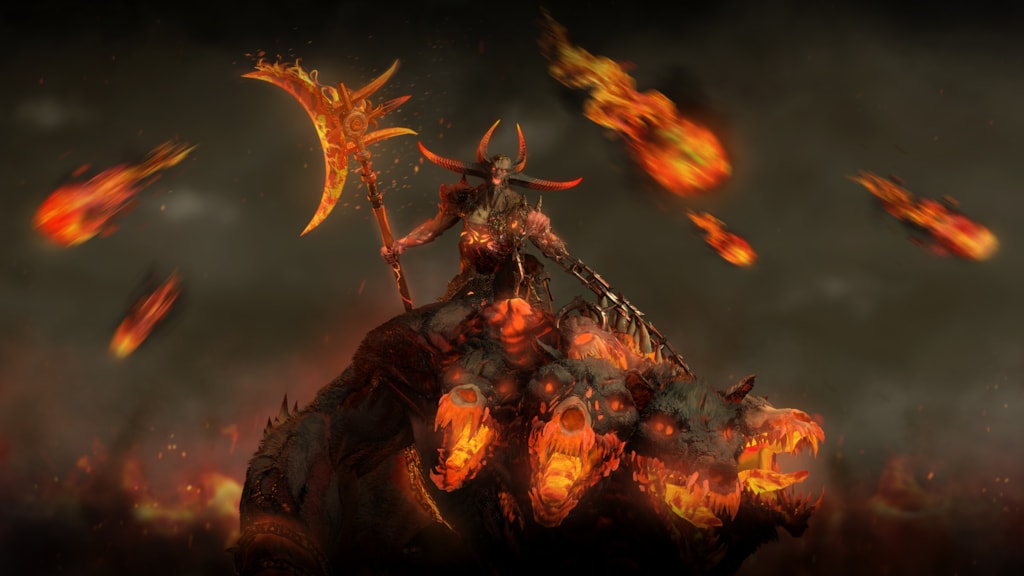 Ashtaroth from Diablo IV holds flaming weapons.