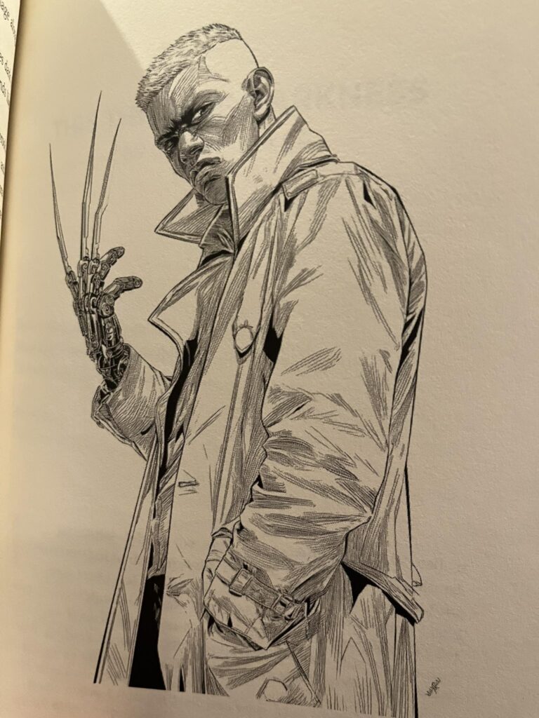 A trenchcoat-clad African-American punk with long claws jutting out of his cybernetic right hand.